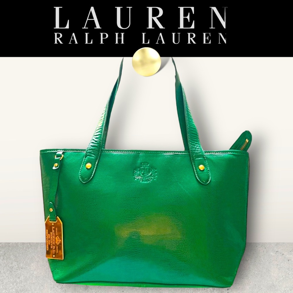 Ralph Lauren Green Textured Leather Zip Satchel 13x9x4.5”